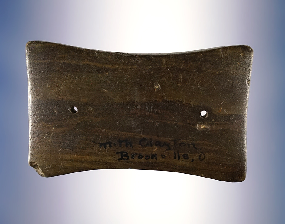 3 3/4" Quadriconcave Gorget. Old writing on front says "Mith Clayton. Brookville, Ohio".