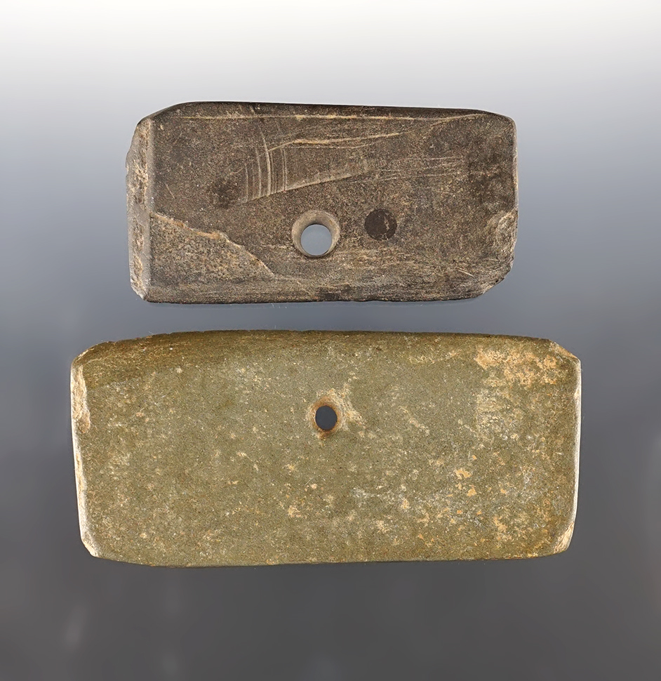 Pair of Neolithic Slate Drilled suspension Knives, recovered in China. Largest is 4 1/16".