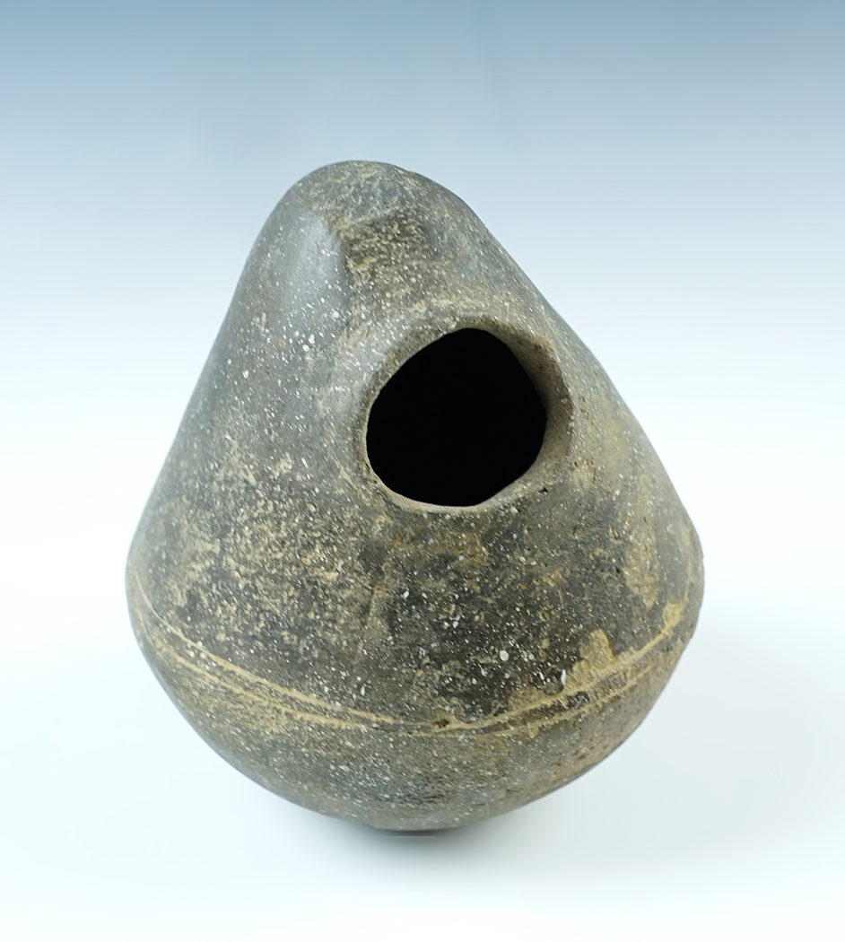 4 1/4" tall Mississippian Blank Face Hooded Effigy Bottle - Missouri. Restored, some repaint.