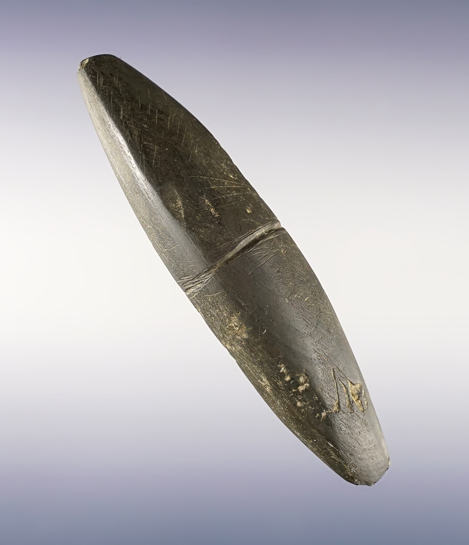 4 5/16" Grooved Bar Weight made from patinated Slate. Found in Kentucky.