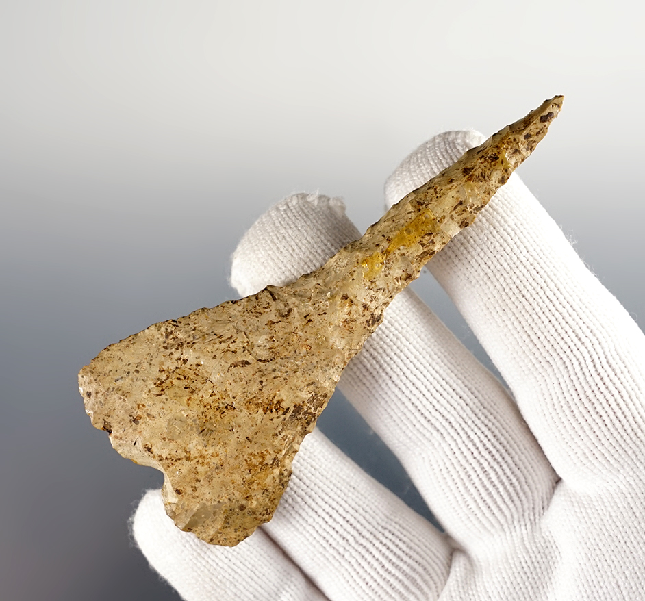 Steeply beveled 3 5/16" Expanded Base Drill found in Ohio in 1915. Comes with a Bennett COA.