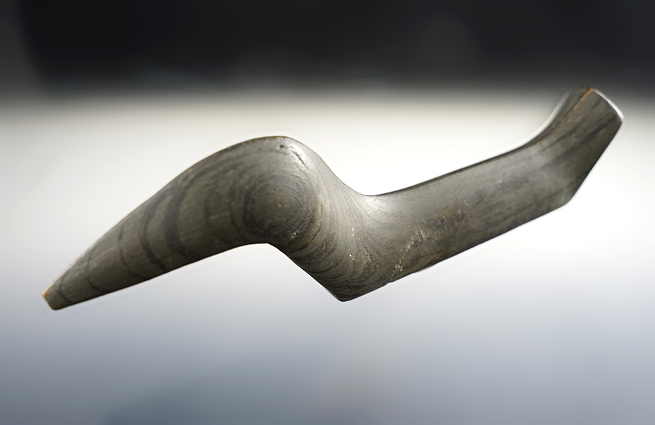 5 5/8" Birdstone made from banded Slate that is heavily restored. Found in Whitley Co., Indiana. 