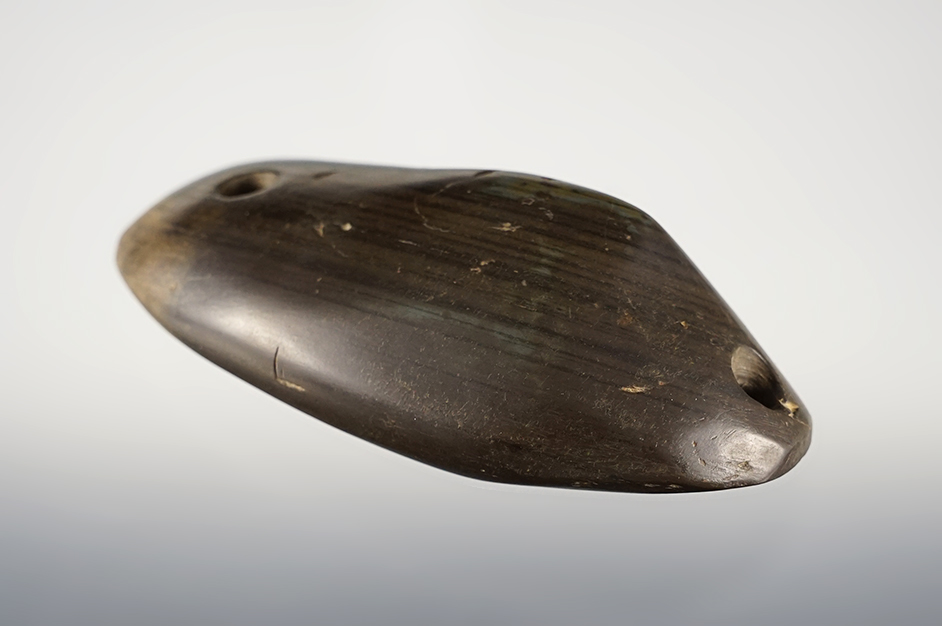Nice 4 1/16" Humped Gorget made from highly polished Banded Slate. Found in Ohio.