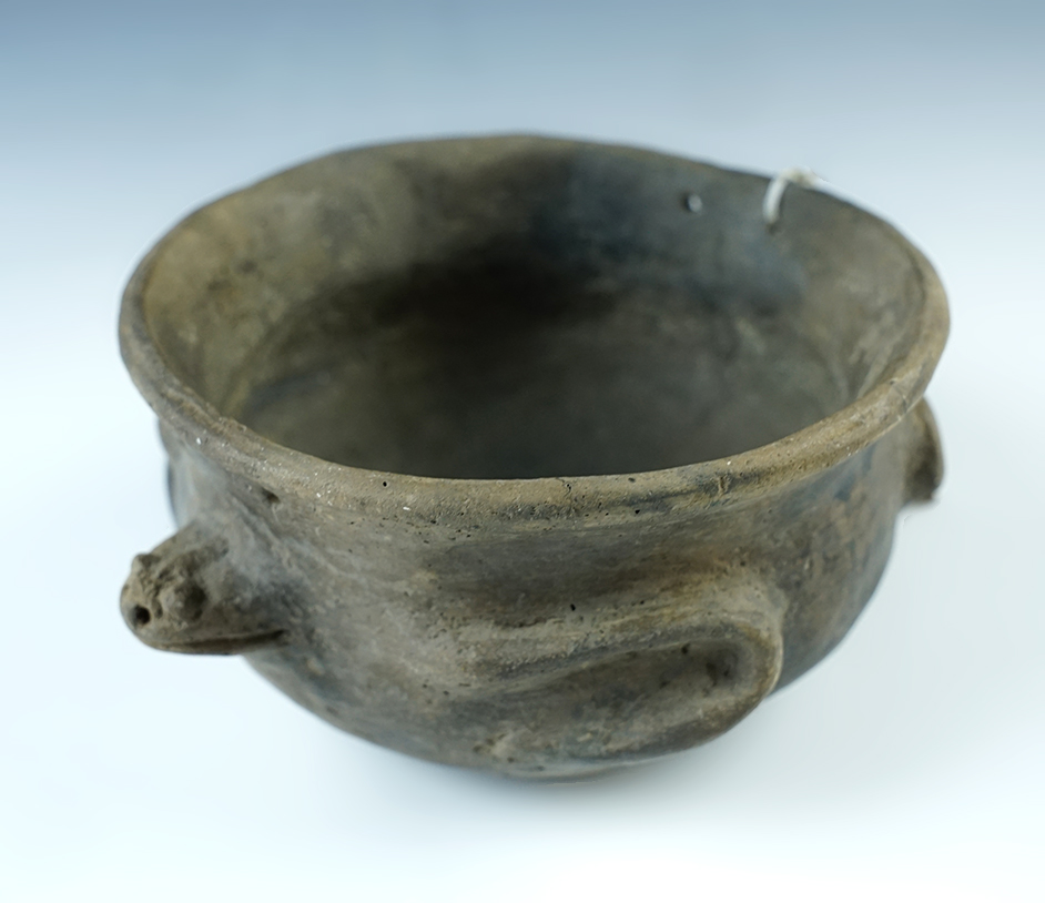 5 7/8" wide x 2 3/4" tall Mississippian Frog Effigy Bowl with restored suspension holes, Missouri.