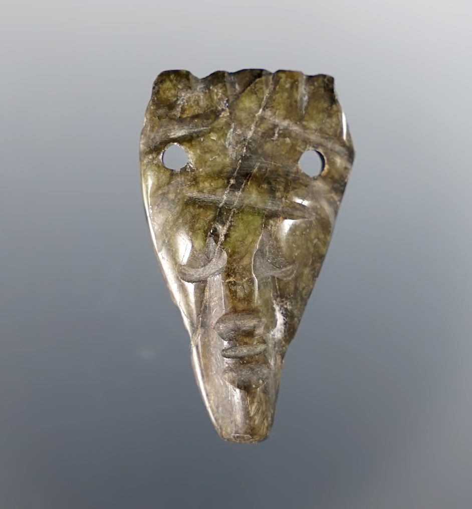 1 3/8" Mixtec Double Hole Head Pendant made from Greenstone, recovered in Mexico.