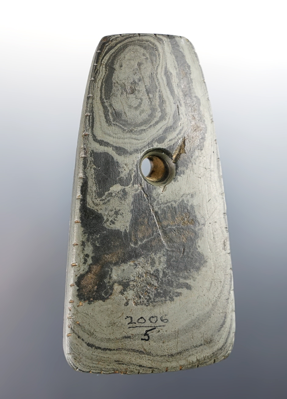 Sale Highlight! 3 7/8" Banded Slate Trapezoidal Pendant, fully tallied, Ohio. Ex. Meuser. Pictured! 