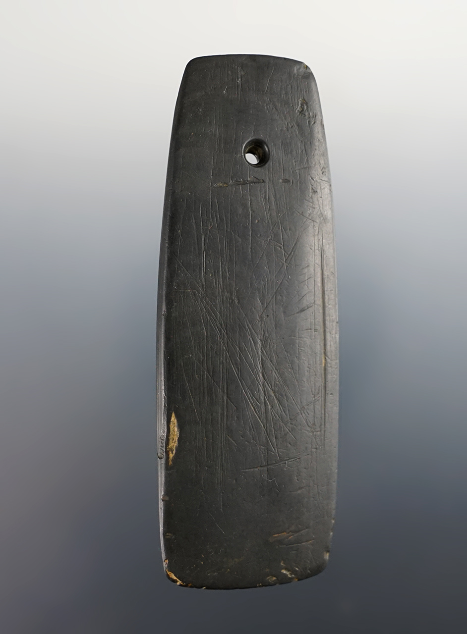 3 3/4" Slate Hopewell Pendant that is tallied and engraved. Found in Bath Co., Kentucky. Ex. Root.