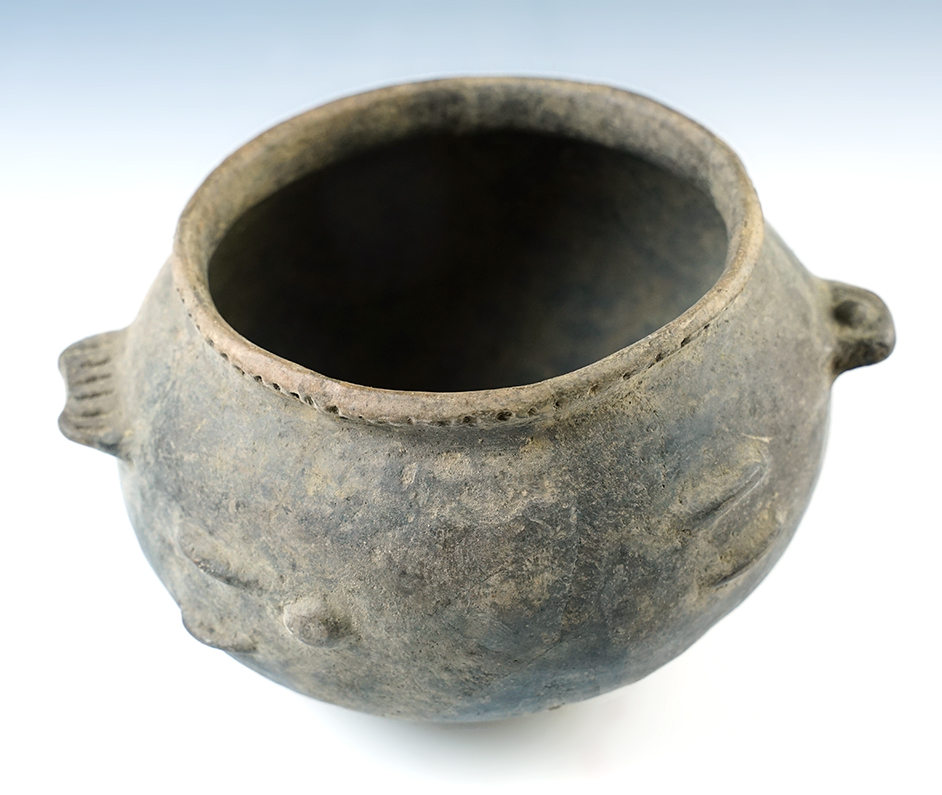 7 1/4" wide x 3 3/4" tall restored Mississippian Fish Effigy Bowl recovered in Arkansas.