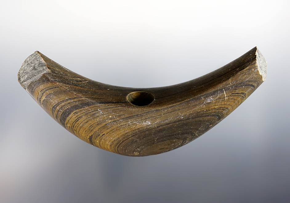 5" Lunate Bannerstone made from deeply patinated green Banded Slate - Summit Co., Ohio. 