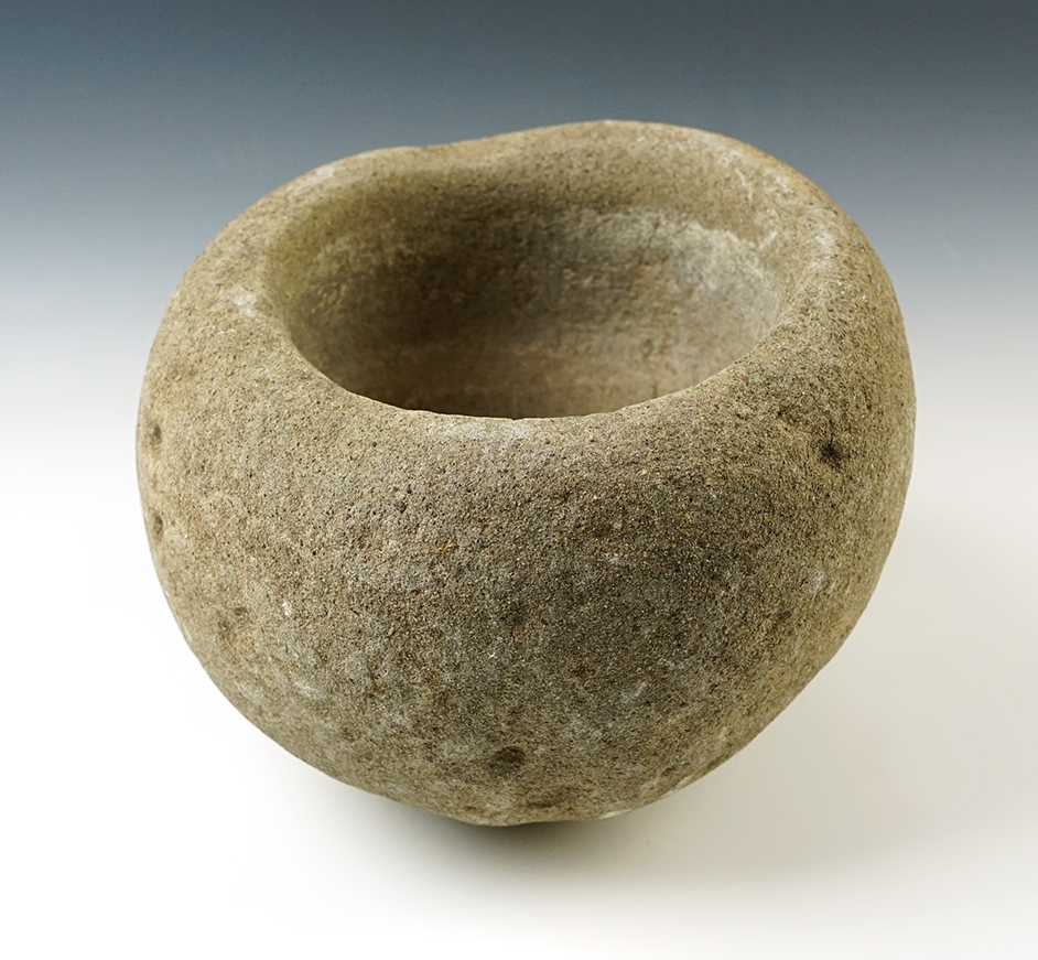 8" wide x 6" tall Ancient Sandstone Stone Bowl recovered in California, in excellent condition. 