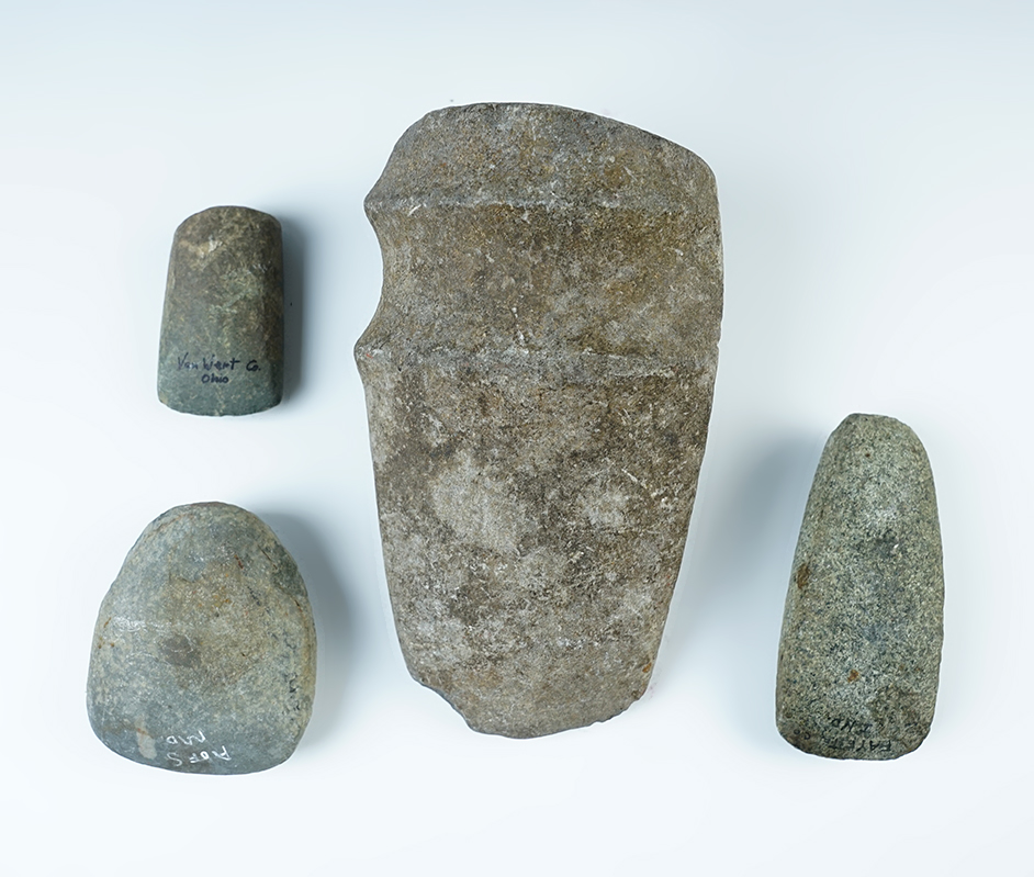 Set of 4 Hardstone relics including 3 Celts and a 7" long 3/4 Groove Axe. Various locations. 