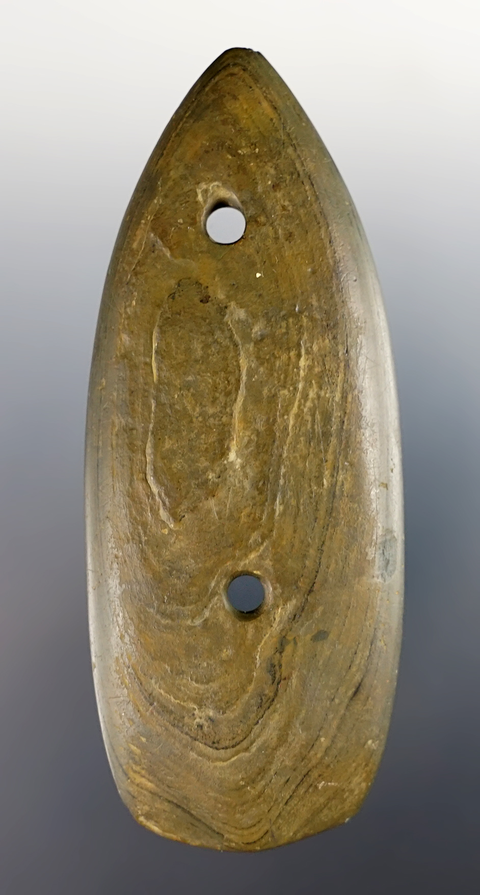 4 1/8" Glacial Kame Sandal Sole Gorget found in Allen Co., Indiana. Painter Creek Auction buy.
