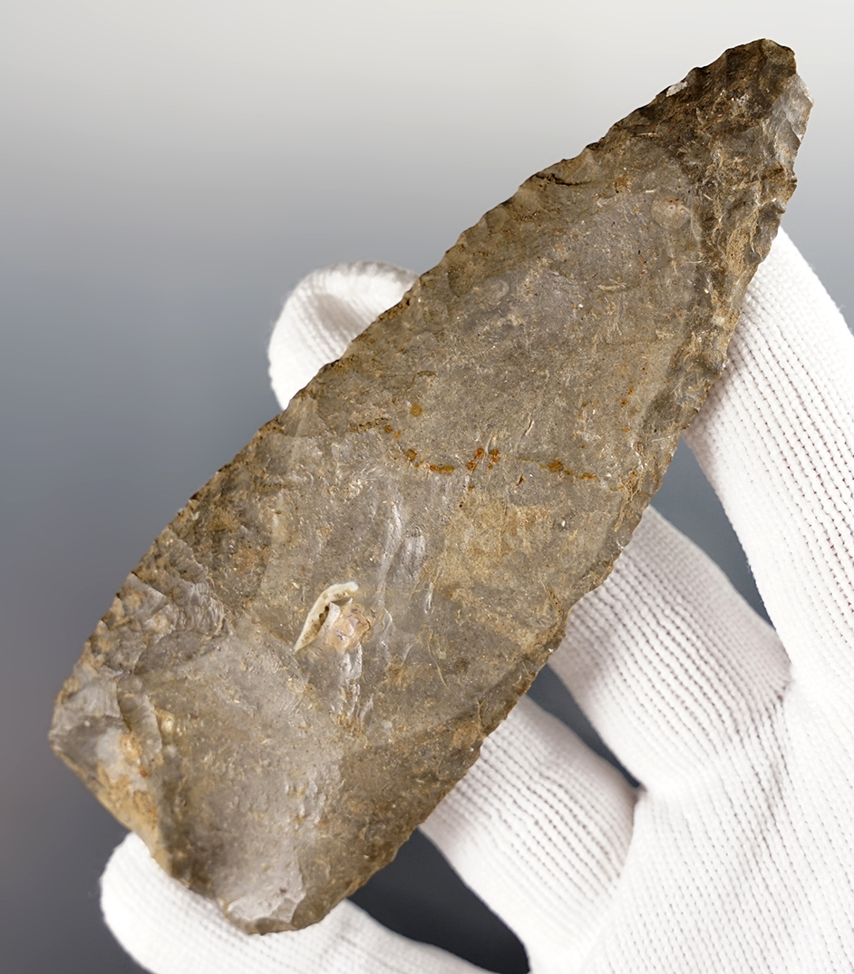 4 5/16" Paleo Knife found in Hillsdale Co., Michigan. Made from patinated Bayport Chert.