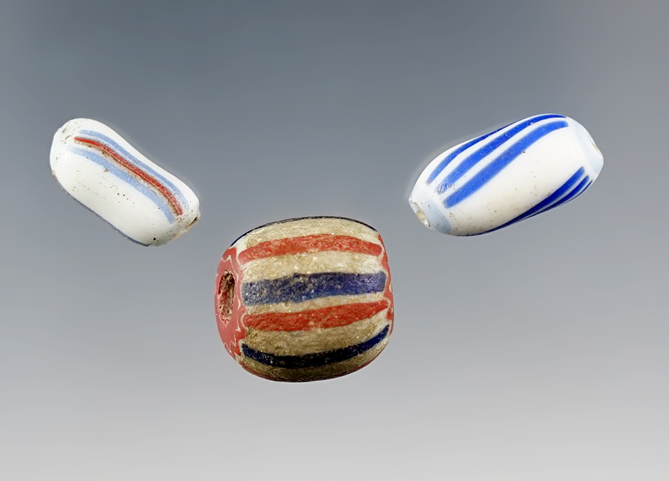 Set of 3 rare Beads including 1 large Polychrome and 2 Tubular Polychromes - Geneva, New York. 