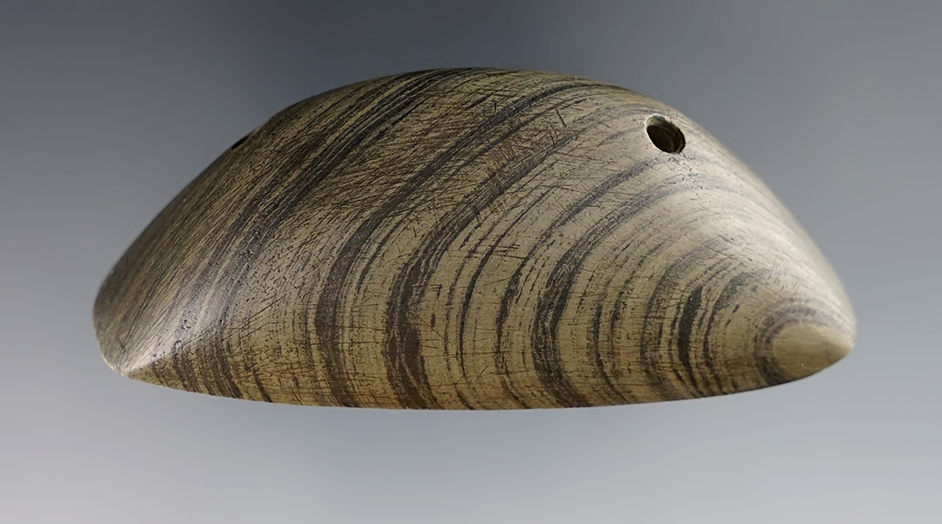 3" Boatstone found in Steuben Co., Indiana. Made from attractive Banded Slate. Ex. Parks. Pictured!