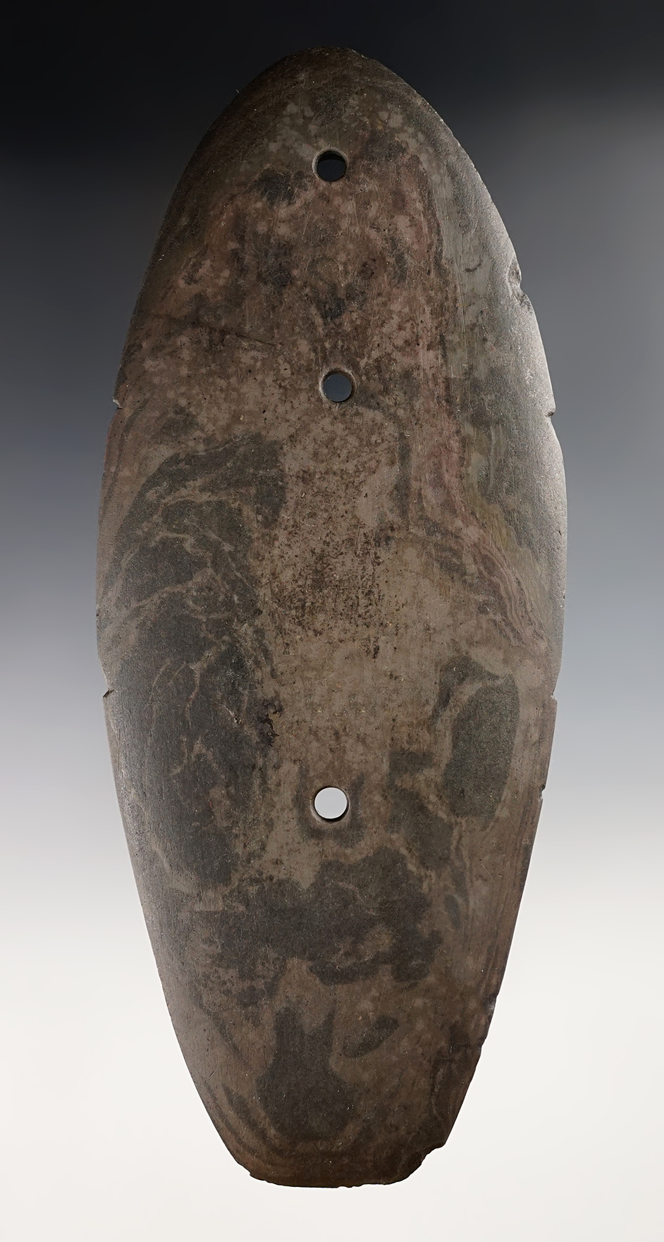 7 1/2" Sandal Sole Gorget found in Williams Co., Ohio. Nicely made from Banded Slate. Ex. Root.