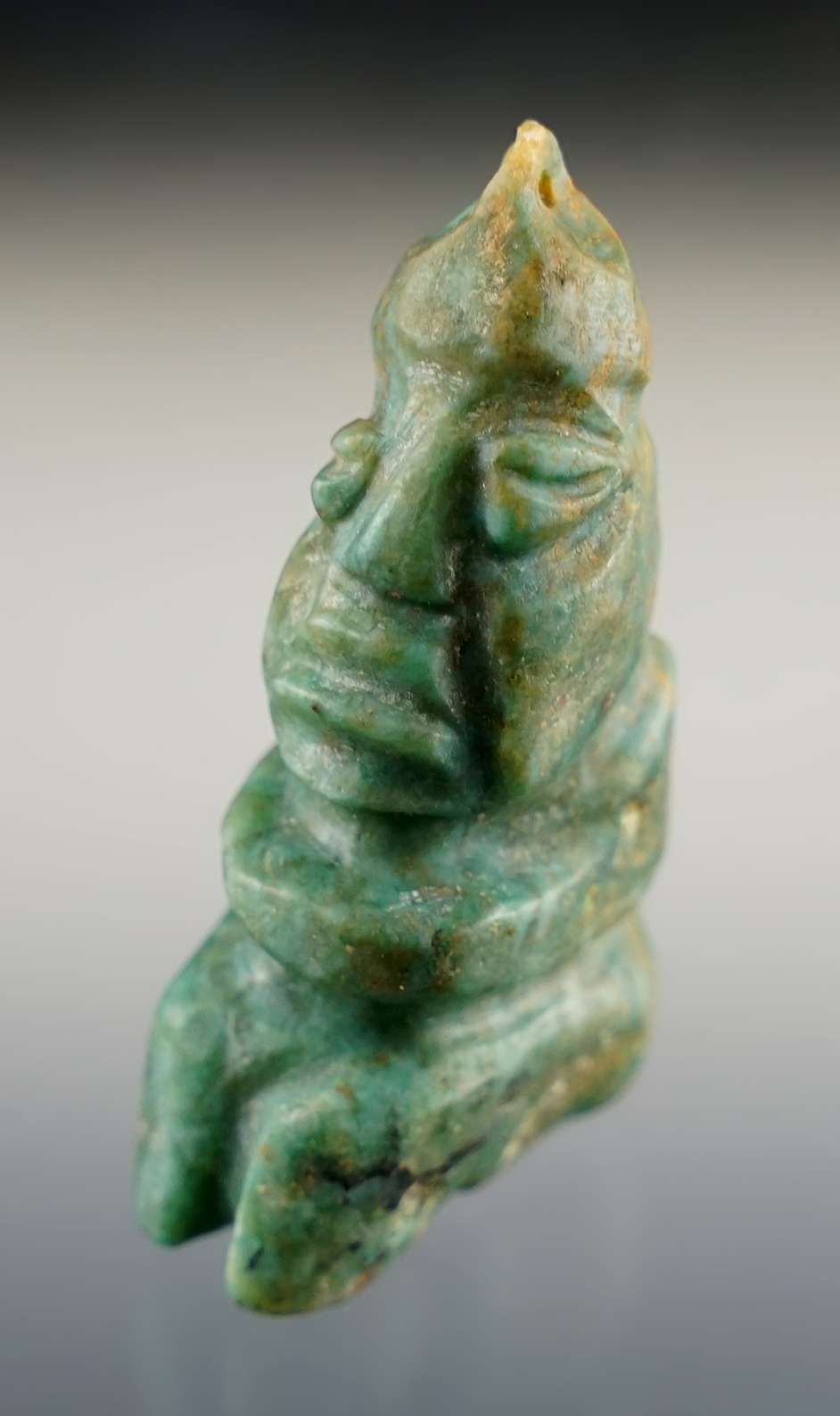 Highly detailed 1 7/8" pre-Columbian Human Figure Pendant made from attractive green Jade.