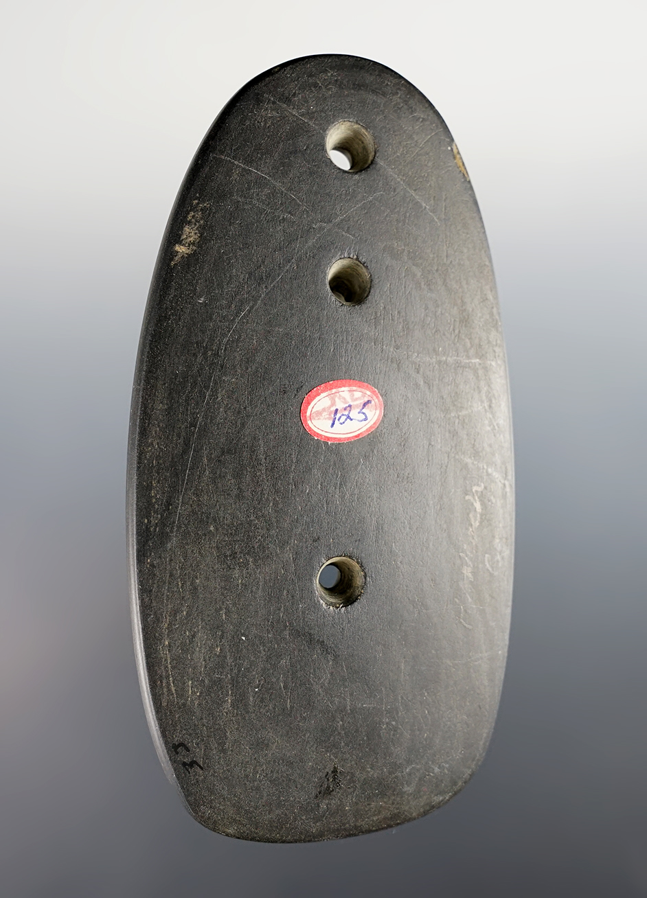 Incredible 4 5/8" Three-Hole Glacial Kame Gorget found in Hancock Co., Ohio. Davis COA, G-10.