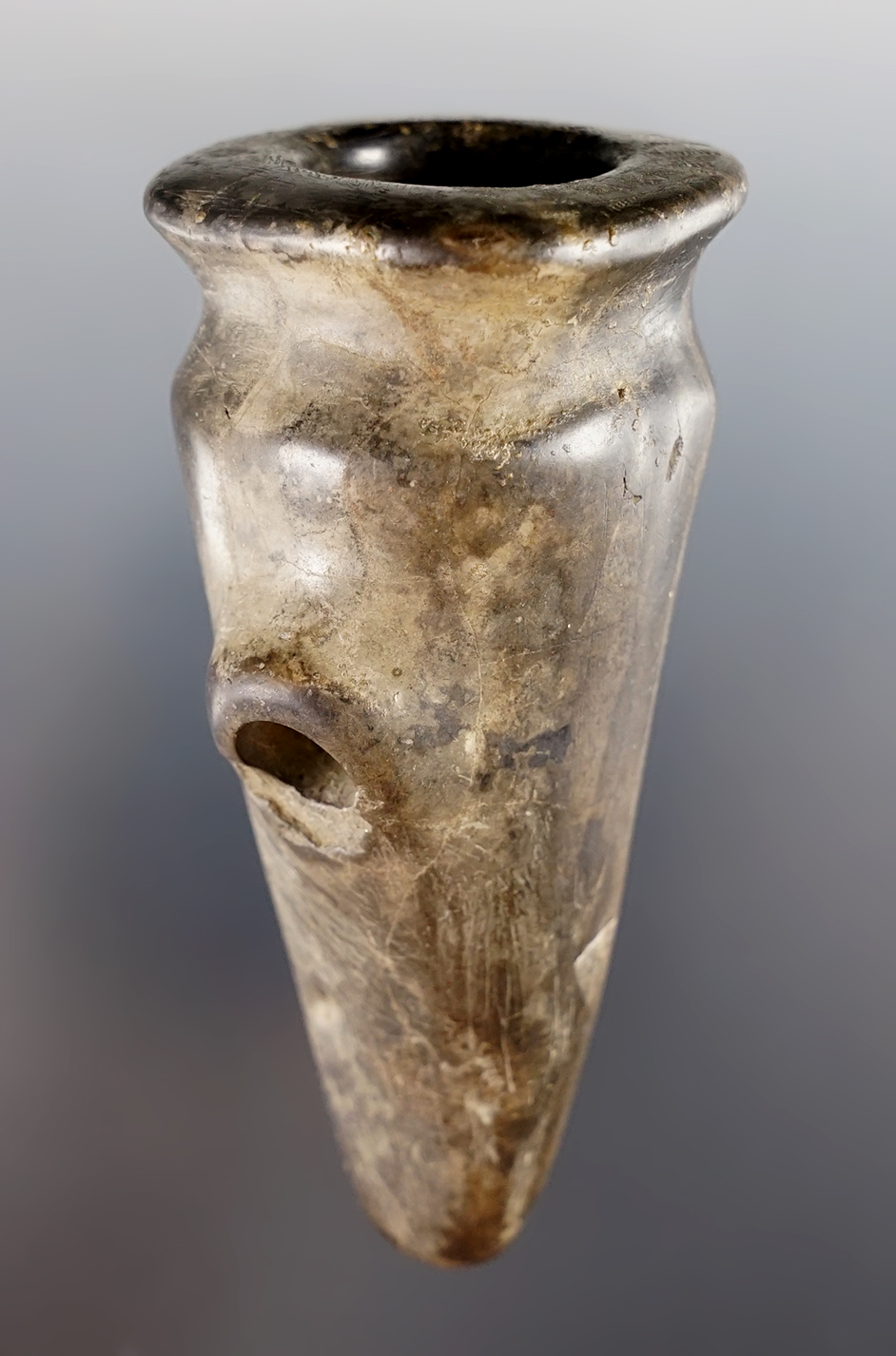 3 1/2" Vasiform Pipe made from nicely polished Chlorite. Found in Brown Co., Ohio. Bennett COA.