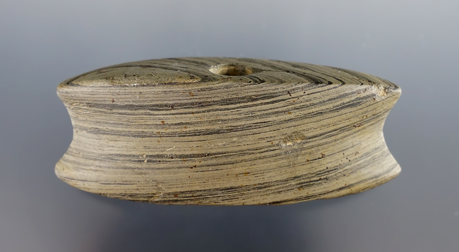 Rare 3" Archaic Reel Bannerstone made from Banded Slate. Crawford Co., Pennsylvania. Pictured.