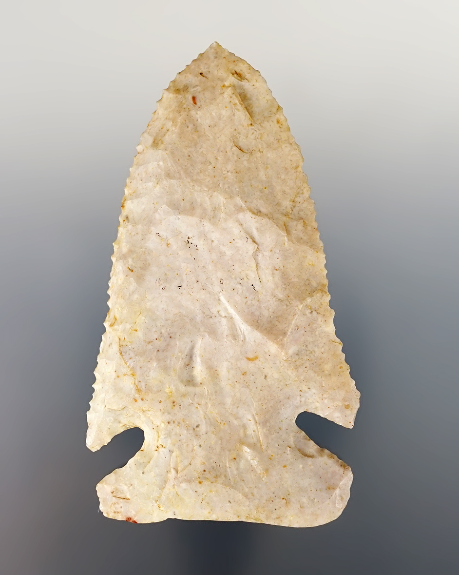 3 1/4" Archaic Cornernotch with very fine secondary flaking and a needle tip. Madison Co., Illinois.