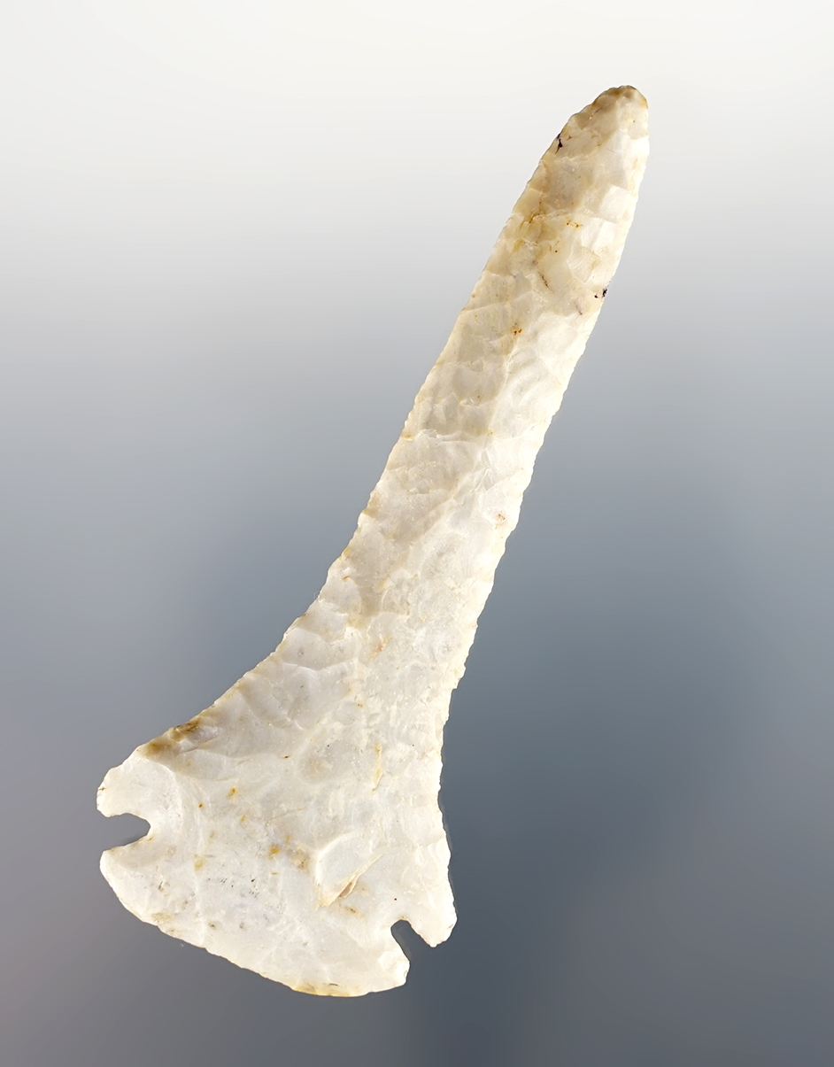 Rare 3 3/8" Micronotched Dovetail Drill found in Ohio. Made from Flint Ridge Flint. Ex. Mike Cramer.