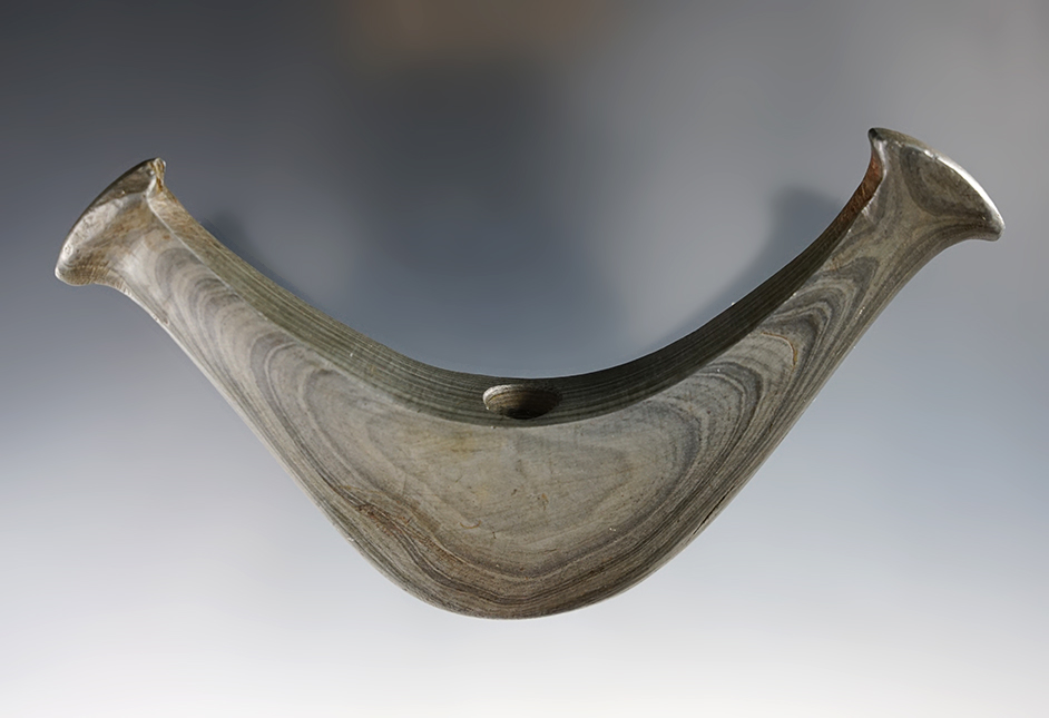 Exceptional 5 3/16" Banded Slate Knobbed Crescent Bannerstone found in Wayne Co., Ohio. COA.