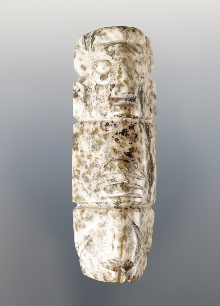 2 5/8" Large Mixtec Penate Figure made from speckled white and black Hardstone, Mexico.