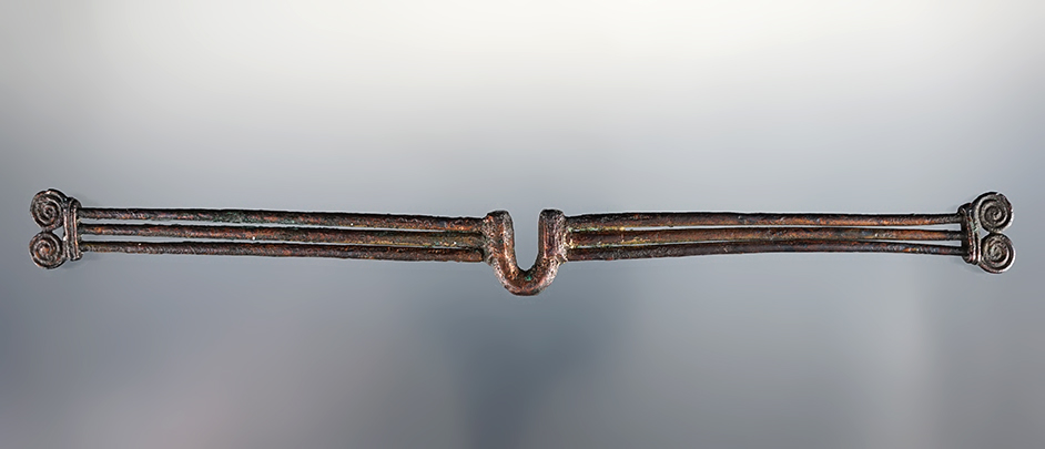 8 1/4" Long Sinu Culture Tumbaga Nose Ornament. Recovered in Colombia. Circa CE 500-1000.