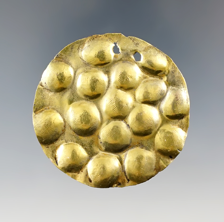 1 15/16" Sinu Culture Gold Disc with Repousse Pattern. Recovered in Colombia. Circa CE 500-1000.
