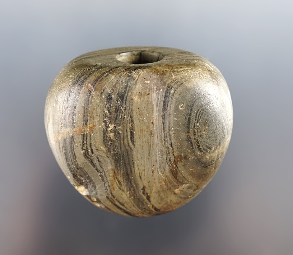 Fine 2" Fluted Ball Bannerstone made from Banded Slate. Found in Wabash Co., Indiana. 