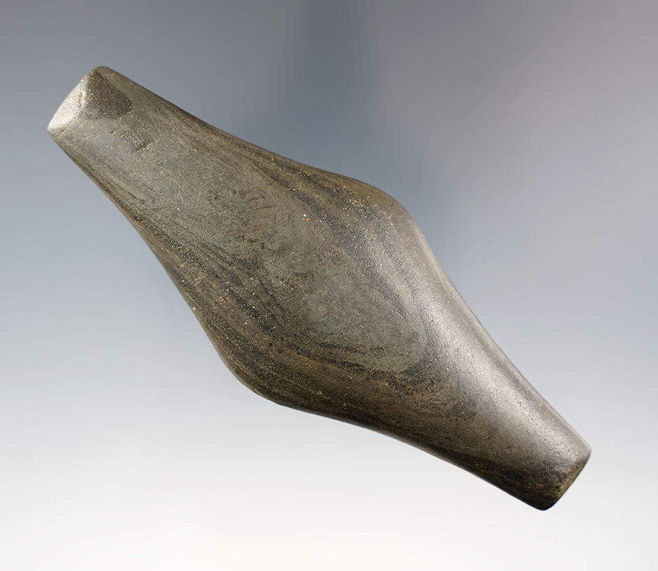 4 1/8" Undrilled Adena Expanded Center Gorget found in Ohio. Made from patinated Banded Slate.