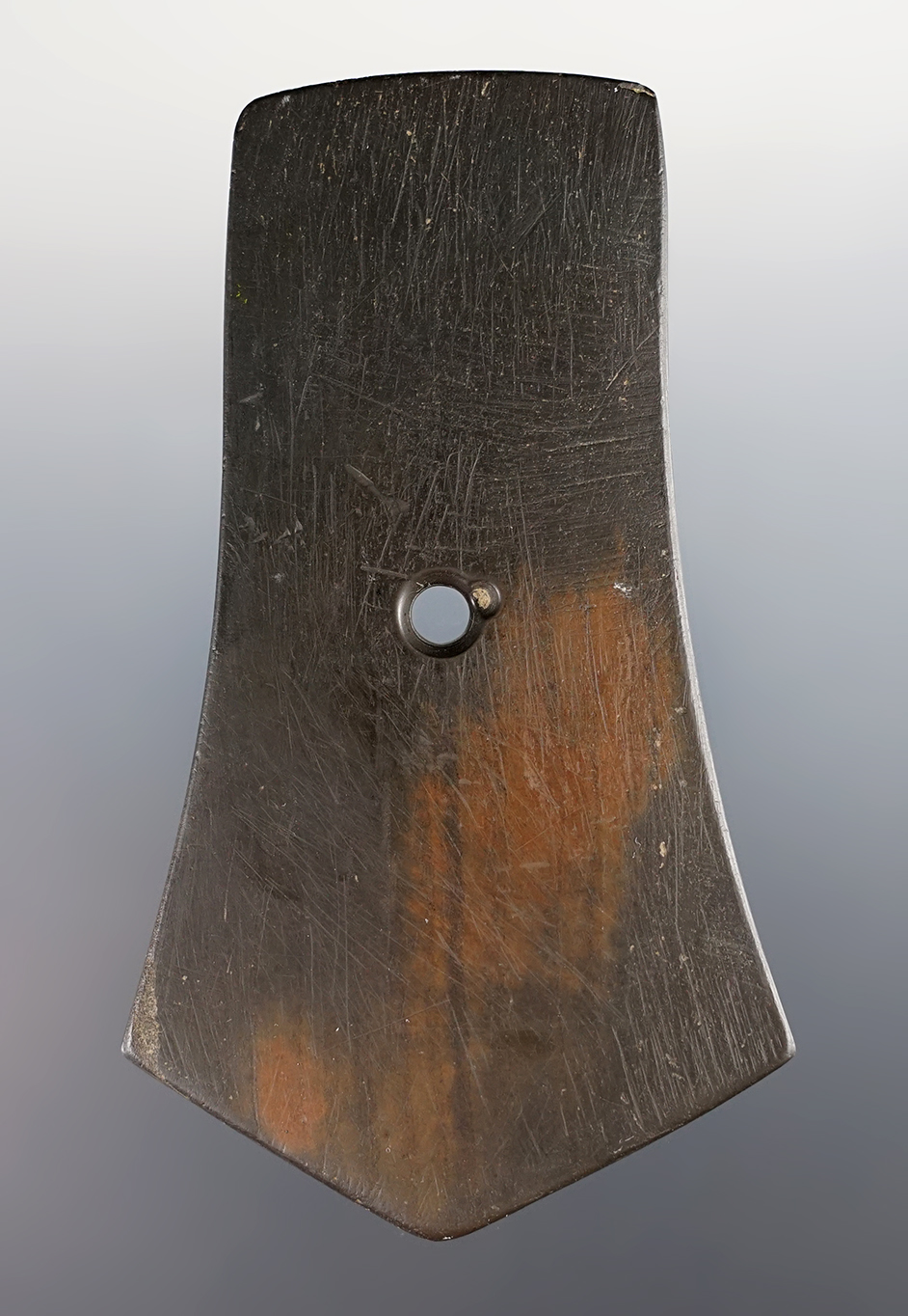 Thin and well made 4 3/16" Slate Pentagonal Pendant found in Jay Co., Indiana. Ex. C. Parks.