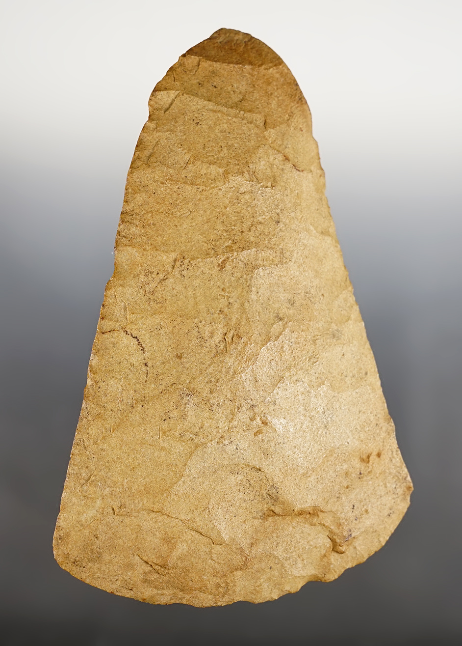  7 9/16" Flared-Bit Spade made from heavily patinated Flint. Found in Madison Co., Indiana. 