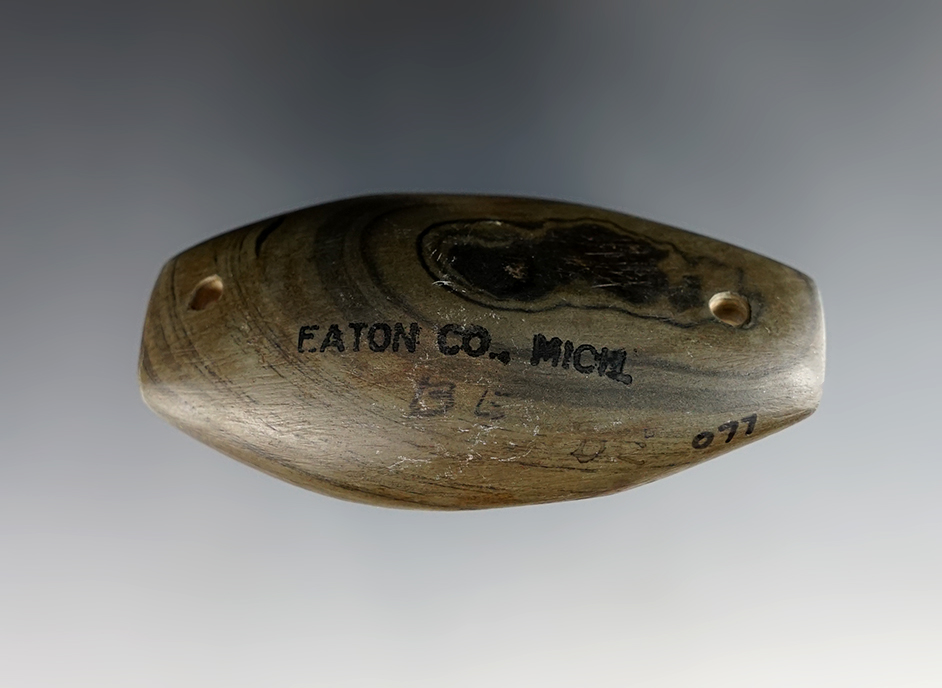 Fine 3" Boatstone found in Eaton Co., Michigan. Made from Banded Slate. Ramp catalog #O-77.