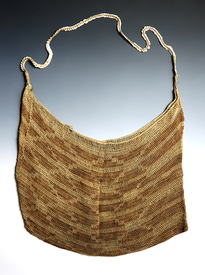 Ancient Textile Inca Burden Bag from South America with excellent weaving and drilled shell strap. 