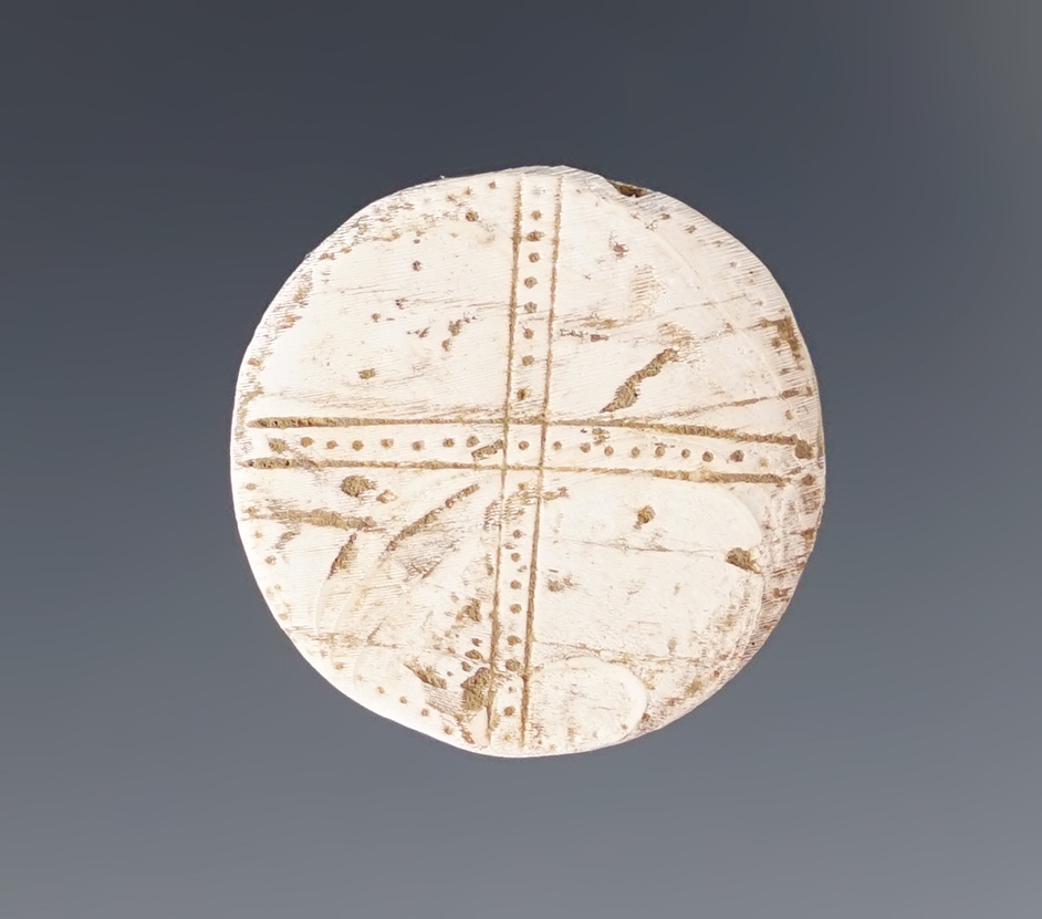 3/4" Shell Runtee with cross lines and dots on both sides, Upper Cayuga Great Gully Site, New York.