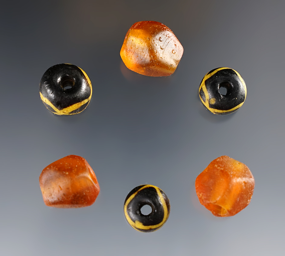 Set of 6 rare Beads! Includes Amber Faceted, Wire Wound and large "Roman" types, New York.