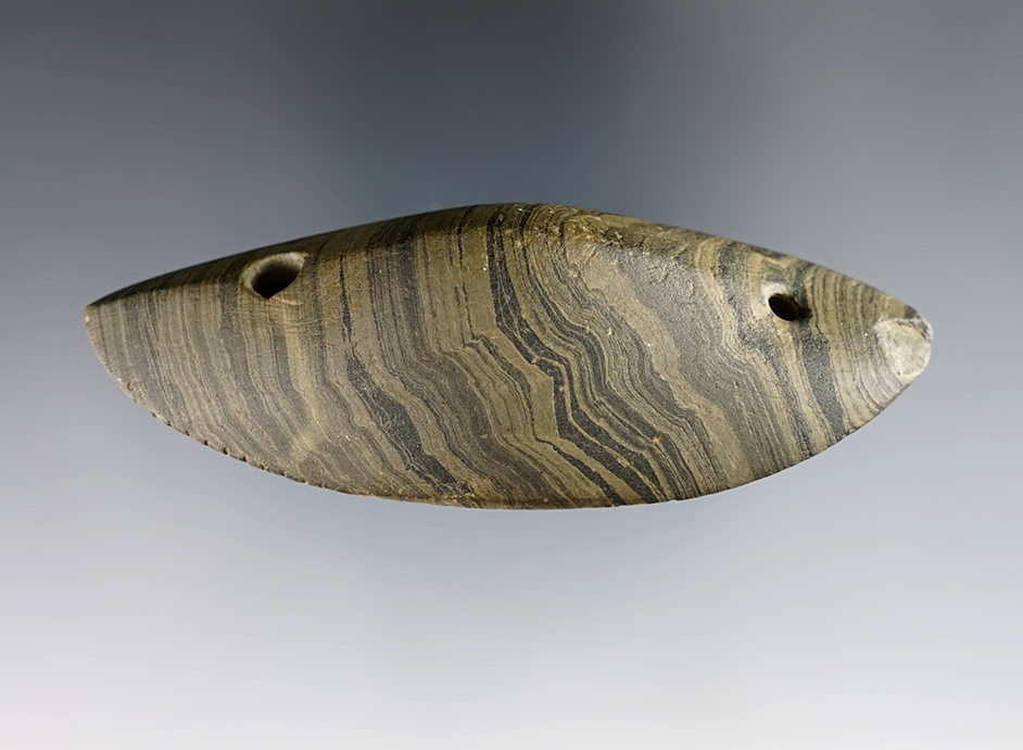 Banded Slate 3 1/4" Ridged Gorget that is finely made with tallies. Ex. Dave Warner. 