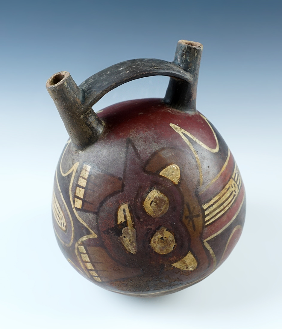 Beautifully decorated 6 3/4" tall by 5 1/4" wide Nazca Dual Spout Bottle, South America. 