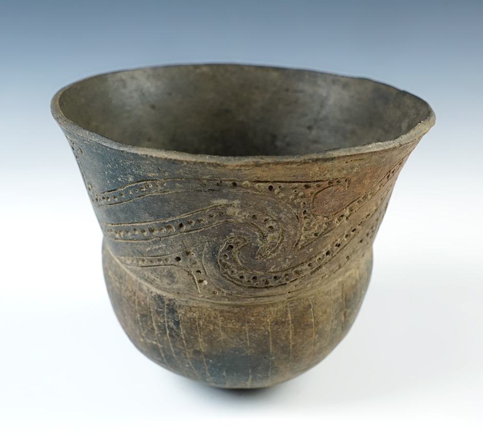 5 1/8" wide x 4 1/4" tall Engraved Pottery Flared Rim Jar that has been restored, Arkansas. Pictured.