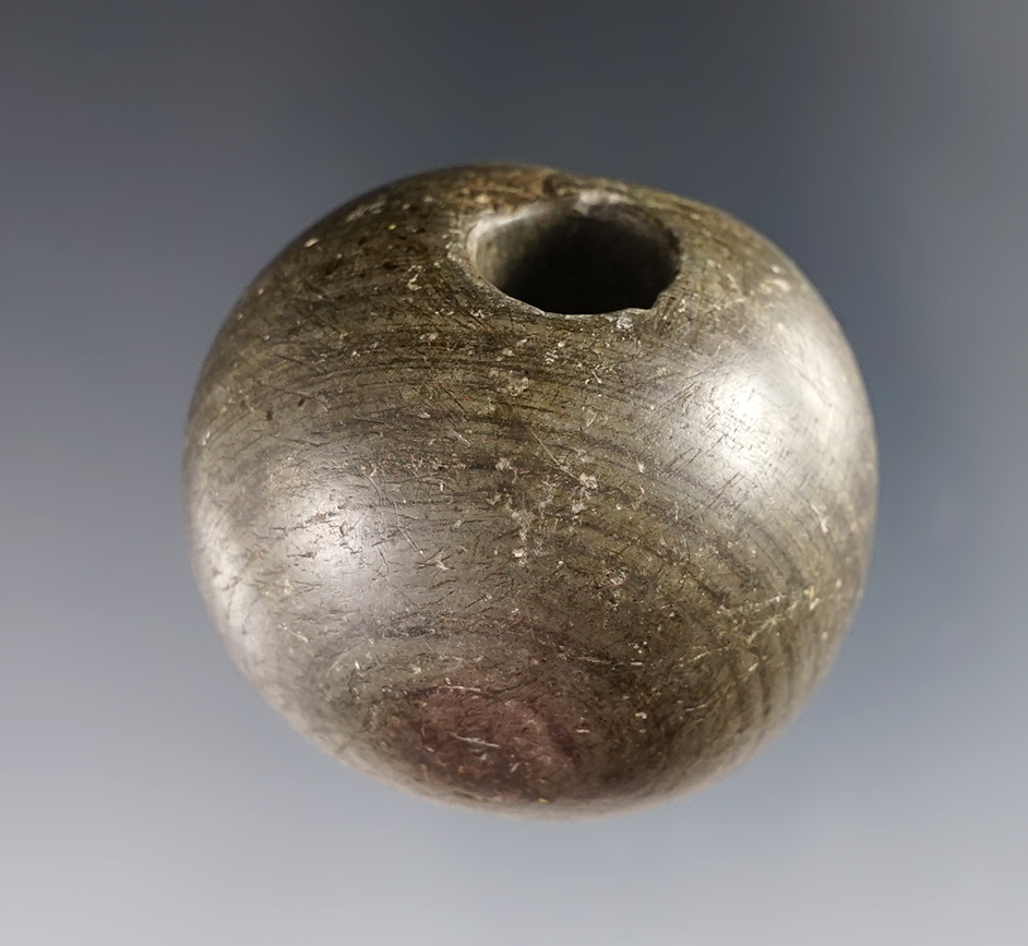 1 1/2" Ohio Fluted Ball Bannerstone that is nicely polished. Made from Banded Slate. 