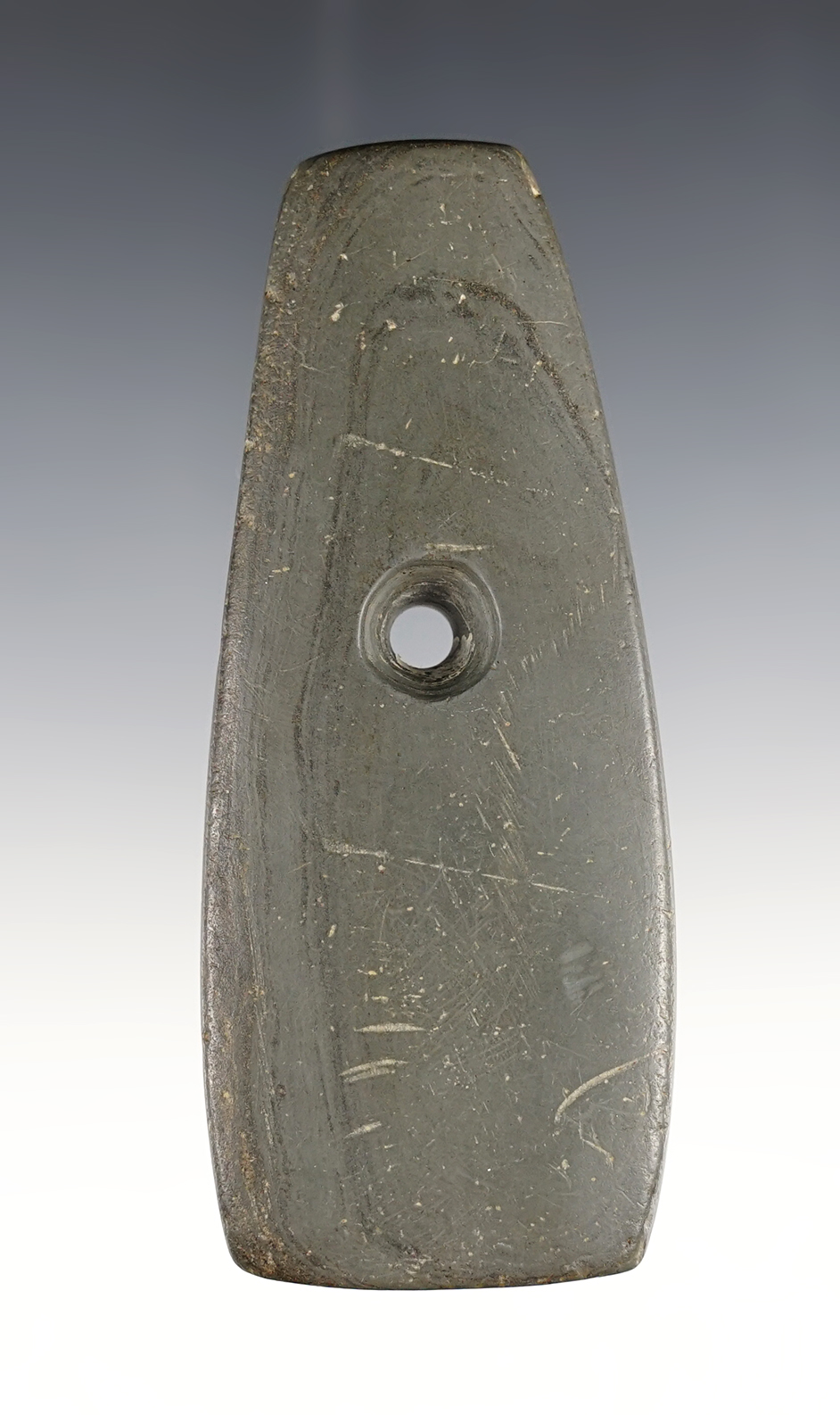 Well made 4 1/16" Adena Trapezoidal Pendant found in Ross Co., Ohio. Made from Banded Slate. 