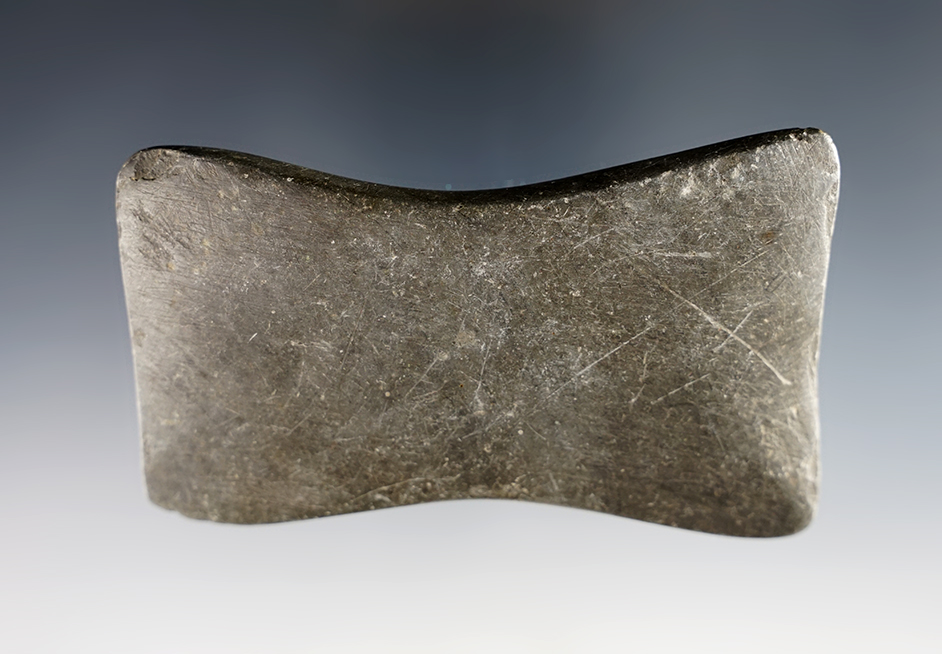 4" undrilled Quadriconcave Gorget found in the Ohio area. Heavily patinated Slate.