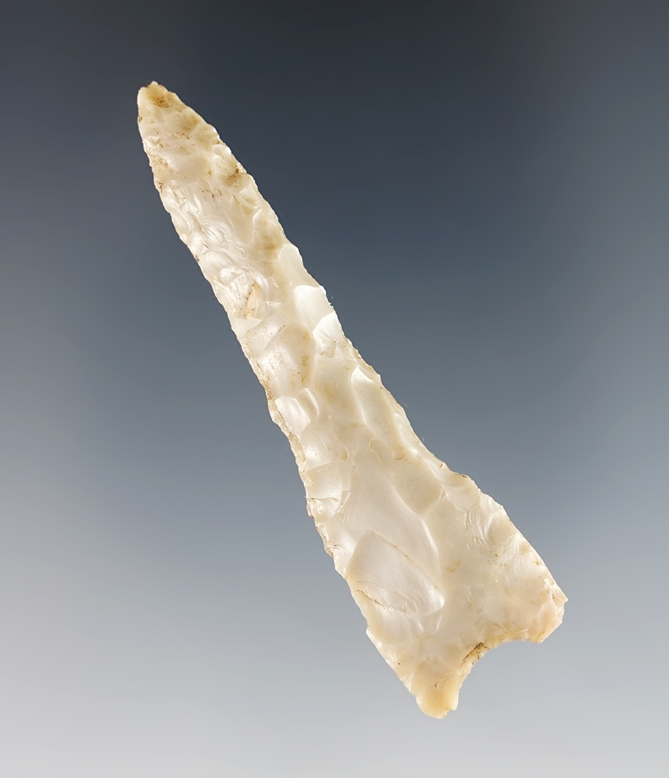 Well styled 2 11/16" Paleo Drill found in Indiana. Excellent grinding to the basal area.