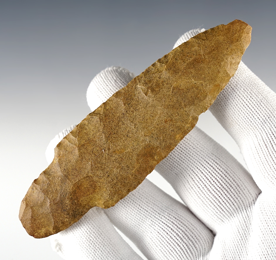 4 3/8" Adena found in the Kentucky/Tennessee area. Well patinated. Bennett COA.