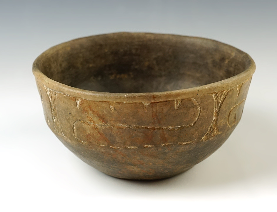 5 1/2" x 2 5/8" Caddo bowl recovered in Cass Co., Texas, with some restoration.