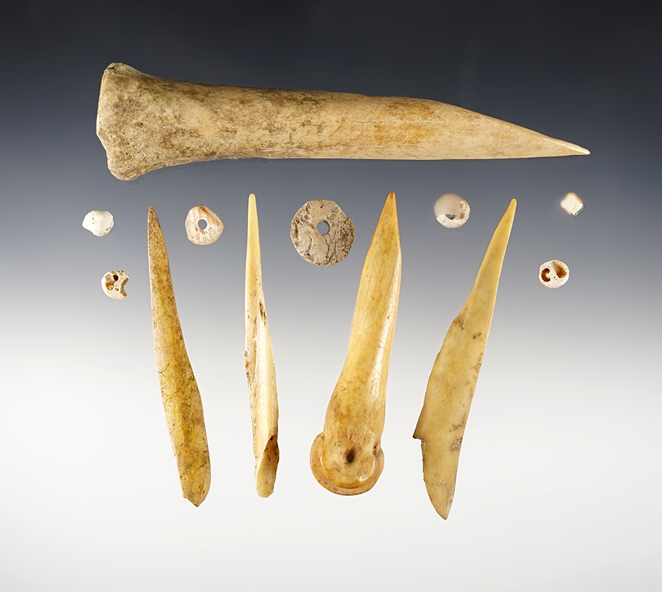 Set of 12 assorted Fox Field site artifacts - Mason Co., Kentucky.  The largest is 5 7/8".