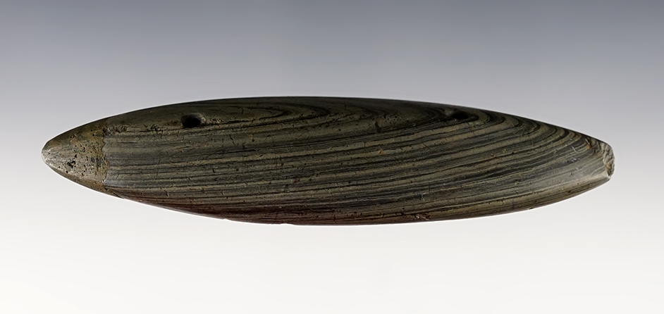 Nice 4 11/16" Ridged Gorget found in Ohio with about 3/4" of restoration filler to one end. 