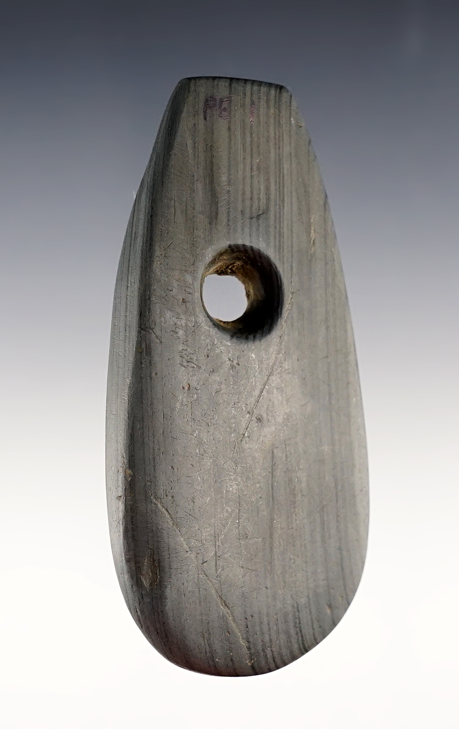 3 9/16" Pendant made from nice Banded Slate. Found at the Bourne Site in Ross Co., Ohio.